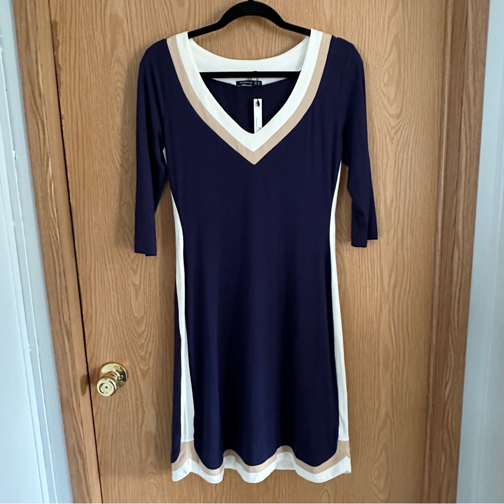NWT PattyBoutik Navy Elegant Jersey Dress Striped Trim Size M